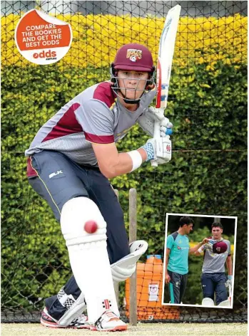  ?? PHOTO: JONO SEARLE/AAP ?? NET PROFIT: Matt Renshaw batting in the nets at the Allan Border Field and (inset) talking with Aussie strike bowler Mitchell Starc.