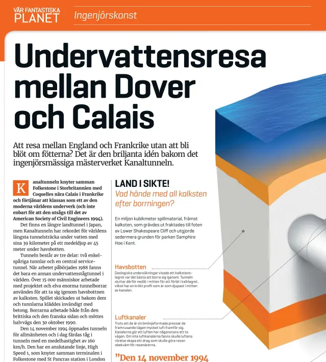  ??  ?? ”Den 14 november 1994 öppnades tunneln för allmänhete­n och idag färdas tåg i tunneln med en medelhasti­ghet                           