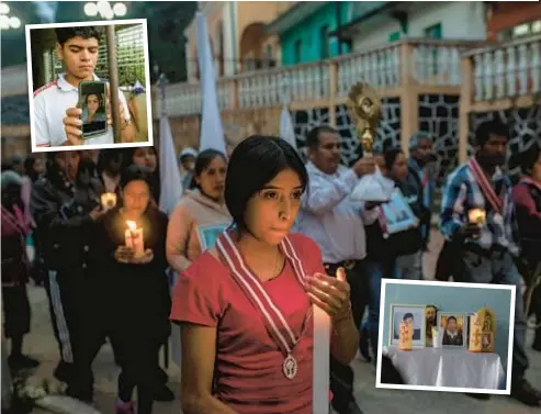  ?? ?? Residents in Veracruz, Mexico, hold vigil for three local teenagers in hopes they are not among the 53 migrants who died in a stifling, abandoned trailer in Texas. Jaser Daniel Ortiz (top left) shows a photo of his mother Nayarith Bueso in El Progreso, Honduras. An improvised altar with the photograph­s of brothers Yovani and Jair Valencia Olivares (above right) stands outside their home in Veracruz.