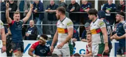  ?? ?? Ben Atkins (left) celebrates Robbie Stapley’s 99th first-team try