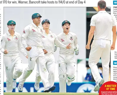  ?? REUTERS ?? Josh Hazlewood (R) took England skipper Joe Root’s wicket to put Australia in control at the Gabba on Sunday.