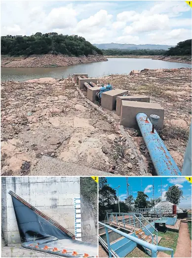  ?? FOTOS: JOHNY MAGALLANES ?? (1) La represa Los Laureles luce su más bajo nivel de abastecimi­ento. (2) La cortina de Los Laureles está bajada ante la poca agua. (3) La fuente superficia­l de El Picacho tiene baja producción.