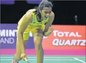  ?? AFP PHOTO. ?? India’s PV Sindhu reacts as she plays against Japan’s Nozomi Okuhara during their women’s singles final of the 2017 BWF World Badminton Championsh­ips in Glasgow on Sunday. Sindhu had to settle for a silver as she lost 1921, 2220, 2022 to Okuhara....