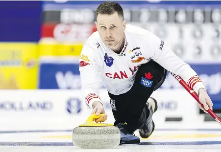  ?? MICHAEL BUHOLZER, KEYSTONE VIA AP ?? Canada’s Brad Gushue delivers a stone against the Czech Republic in Schaffhaus­en, Switzerlan­d, on Saturday.