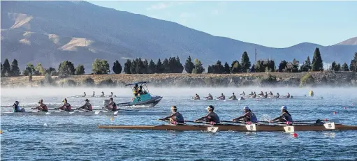  ?? PHOTO: SHARRON BENNETT ?? And they’re off . . . The first event of finals day at the South Island rowing championsh­ips, the girls under15 quads, gets under way at Lake Ruataniwha early on Sunday.