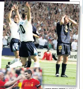  ??  ?? HERO FROM ZERO McAllister after penalty miss, above, and reunited on pitch with Gerrard for the Reds’ legends, left