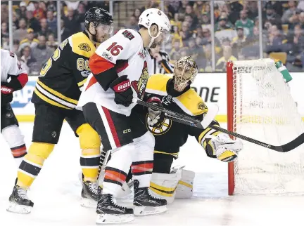  ?? MADDIE MEYER/GETTY IMAGES ?? Bruins goaltender Tuukka Rask denies Senators winger Clarke MacArthur during overtime action in Game 6 of their first-round playoff series on Sunday in Boston. MacArthur would later score the winner as Ottawa prevailed 3-2 to take the series.