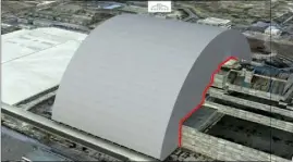  ?? (DR) ?? En gris: le nouveau sarcophage conçu par Vinci et Bouygues sur la centrale de Tchernobyl. En rouge: la membrane réalisée par Cnim, à La Seyne(Var), qui assure l’étanchéité de l’ensemble.