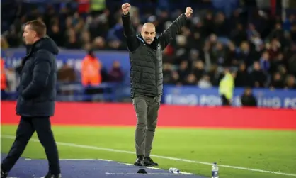  ??  ?? Pep Guardiola celebrates after Gabriel Jesus scores Manchester City’s winner against Leicester. Photograph: Plumb Images/Leicester City FC via Getty Images