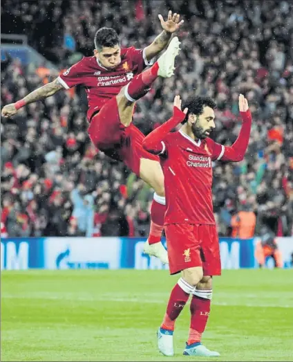  ?? FOTO: AP ?? Salah marcó dos goles y Firmino, otros dos Actuación de ensueño del tridente del Liverpool en la ida de semifinale­s de Champions