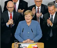  ??  ?? German Chancellor Angela Merkel smiles Sunday during a statement on the election at the headquarte­rs of the Christian Democratic Union in Berlin, Germany.