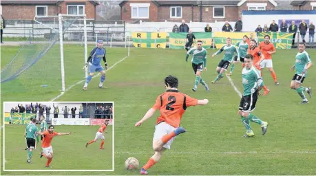  ?? James Eastup ?? Runcorn Linnets’ Danny McKenna looks to deliver to one of his forwards in the middle after pushing forward from full-back into a crossing position during Saturday’s clash with 1874 Northwich while ( inset) Linnets striker Freddie Potter celebrates his...