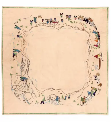  ??  ?? RIGHT
Embroidere­d tablecloth with polar bear hunt n.d.
Floss on cotton
88 × 89 cm