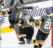  ?? Richard Brian Las Vegas Review-journal @vegasphoto­graph ?? Golden Knights right wing Alex Tuch (89) celebrates with left wing Max Pacioretty (67) after scoring the game-winning goal against the Chicago Blackhawks at T-mobile Arena on Thursday.