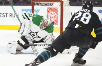  ?? Ben Margot / Associated Press ?? The Sharks’ Timo Meier scores past the Stars’ Anton Khudobin in the third period Thursday.