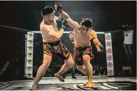  ?? FOTO CORTESÍA UGP ?? Danny Puente, de short rojo y negro, en uno de sus combates de artes marciales mixtas. Hoy estará en acción.