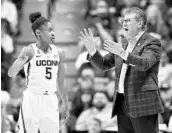  ?? CLOE POISSON/HARTFORD COURANT ?? Geno Auriemma will try to direct Crystal Dangerfiel­d and UConn to the program’s 12th national championsh­ip.