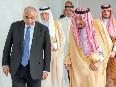  ?? SPA ?? King Salman meets Iraqi Prime Minister Adel Abdul Mahdi in Jeddah on Wednesday.