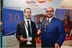  ?? Abdul Rahman/Gulf News ?? Bassel Al Dabbagh, (left), CEO of Agility in Abu Dhabi, and Mohammad Jaber, chief operating officer in Abu Dhabi, at their pavilion at the opening of the Breakbulk Middle East Exhibition at Adnec yesterday.