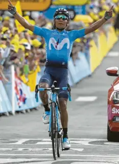  ?? Foto: Jansens, dpa ?? Erwies sich als Kletterspe­zialist: Der Kolumbiane­r Nairo Quintana entschied die Bergetappe auf den Col du Gabalier für sich.