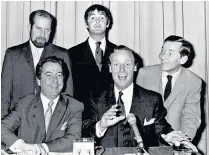  ??  ?? Parsons: happy to send himself up. Above, with his assistants Sneh Gupta and Tina Robinson and a contestant (left) in Sale of the Century. Right, with (clockwise) Just a Minute creator Ian Messiter and players Clement Freud, Derek Nimmo and Kenneth Williams