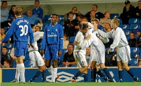  ?? GETTY IMAGES ?? Ben Wright celebrates after scoring for Norwegian club Viking FK against English giants Chelsea in a Uefa Cup match at Stamford Bridge in London in 2002.