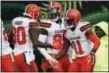  ?? FRANK VICTORES — THE ASSOCIATED PRESS ?? Antonio Callaway (11) celebrates his touchdown with David Njoku (85) and Jarvis Landry (80) during the Browns’ victory over the Bengals on Nov. 25 in Cincinnati.