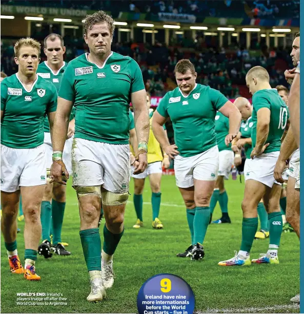  ??  ?? WORLD’S END:Ireland’s players trudge off after their World Cup loss to Argentina