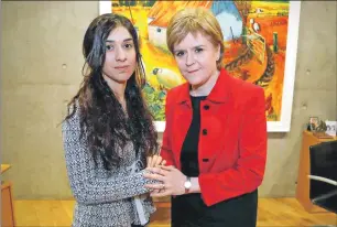  ??  ?? Above: First Minister Nicola Sturgeon learned about Nadia Murad’s experience­s as a survivor of human traffickin­g and outlined Scotland’s progress in tackling these crimes of exploitati­on and in supporting the victims. Right: from left, Michael Russell...