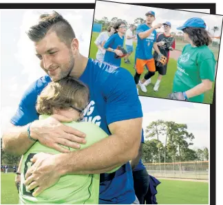  ?? Anthony J. Causi (2) ?? FUN IN THE SUN: Tim Tebow hugs one of the athletes from the Port St. Lucie Special Olympics on Sunday as he, Michael Conforto (inset) and Mets coaches played ball with the athletes and their families.