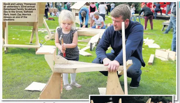  ??  ?? David and Lainey Thompson at yesterday’s 32nd annual Gateshead Family Sculpture Day in the Grove, Saltwell Park. Inset: Zac Merrick relaxes on one of the creations