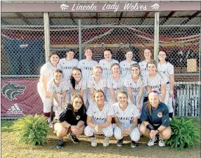  ?? SUBMITTED PHOTO ?? Lincoln’s softball team poses on senior night. The team was coached by head coach Brittany Engel (front row left) and assistant coach Brooklyn Keeling (front row right).