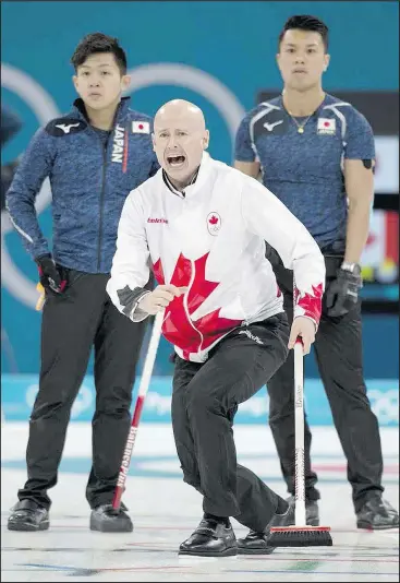  ?? MICHAEL BURNS/PHOTO ?? Skip Kevin Koe shouts at his sweepers during Canada’s victory over Japan on Tuesday.