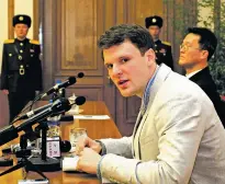  ?? HYON/ASSOCIATED PRESS FILE PHOTO KIM KWANG ?? American student Otto Warmbier speaks Feb. 29 as he is presented to reporters in Pyongyang, North Korea. U.S. officials say the Trump administra­tion will ban American citizens from traveling to North Korea following the death of Warmbier, who died...