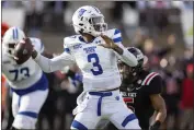  ?? VASHA HUNT — THE ASSOCIATED PRESS ?? Georgia State quarterbac­k Darren Grainger (3) throws a pass against Ball State during the first half of the Camellia Bowl NCAA college football game Saturday in Montgomery, Ala.