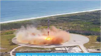  ??  ?? FLORIDA: This NASA photo shows the SpaceX Falcon 9 first stage as it returned to Landing Zone 1 in Cape Canaveral, Florida.—FP