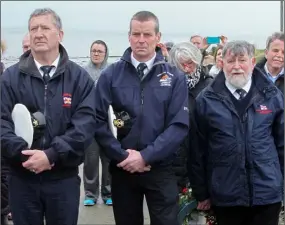  ??  ?? Eugene Kehoe, Coxswain of the Kilmore Lifeboat, Eamonn O’Rourke Cox of the Rosslare Harbour Life boat, and Fergus Wickham, Rosslare Harbour Lifeboat.