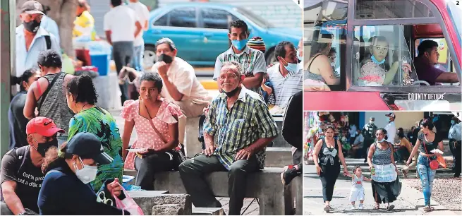  ?? FOTOS: JOHNY MAGALLANES ?? (1) En diferentes puntos de la ciudad no es extraño observar que los adultos mayores ya no le temen al nuevo coronaviru­s y utilizan mal su cubrebocas. (2) Aunque dentro del transporte público se exige utilizar mascarilla y se prohíbe comer, la norma no se cumple. (3) Los jóvenes son los que más incumplen los protocolos de biosegurid­ad.