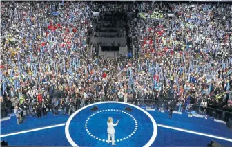  ?? AP ?? POLITICAL SHOW: Hillary Clinton waves to delegates at the 2016 Democratic National Convention..