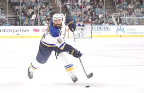  ?? — AFP photo ?? Robert Bortuzzo #41 of the St. Louis Blues shoots the puck against the San Jose Sharks in Game One NHL Western Conference Final during the 2019 NHL Stanley Cup Playoffs at SAP Center on May 11, 2019 in San Jose, California.