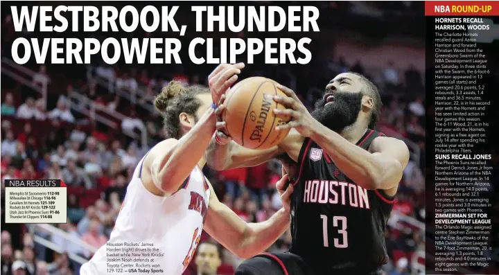  ?? — USA Today Sports ?? Houston Rockets’ James Harden (right) drives to the basket while New York Knicks’ Joakim Noah defends at Toyota Center. Rockets won 129-122. The Charlotte Hornets recalled guard Aaron Harrison and forward Christian Wood from the Greensboro Swarm of the...