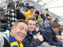  ??  ?? Blue corner . . . Michael Woodhouse (left), Liam Kernaghan and Hamish Walker at Sunday’s Ranfurly Shield match.