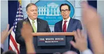  ??  ?? El secretario de Estado, Mike Pompeo, a la izquierda, y el secretario del Tesoro, Steve Mnuchin, informan a los reporteros en la Casa Blanca sobre las sanciones adicionale­s impuestas a Irán