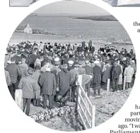  ??  ?? The Longhope crew rush to the lifeboat in 1964 and, top, line up five years later before brutal storm; above, seven of the eight men who died are laid to rest at funeral on the island on March 24, 1969