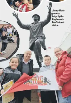  ??  ?? Jimmy Montgomery helps fly the flag beneath Bob Stokoe’s statue.