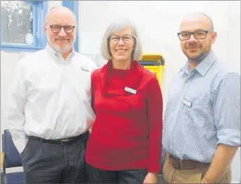  ??  ?? New doctors Dr Richard Neill and Dr Elaine Reed are welcomed by Dr Craig MacMillan (right) at the Barraud Street Health Centre.