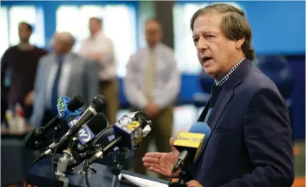  ?? (Photo by Seth Wenig, AP) ?? Dennis Drazin, CEO of Darby Developmen­t, operators of Monmouth Park, speaks to reporters at Monmouth Park Racetrack in Oceanport, N.J., Monday, May 14, 2018. The Supreme Court on Monday gave its go-ahead for states to allow gambling on sports across...