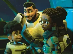  ?? NETFLIX ?? Sean (voiced by Jecobi Swain), left, and Lisa (Priah Ferguson) learn their father, Terry (Laz Alonso), is the interstell­ar bounty hunter Sabo Brok in “My Dad the Bounty Hunter.”