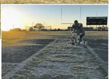  ?? WILL WEBBER/THE NEW MEXICAN ?? St. Michael’s Jeremiah Jacquez kneels on the field after the Horsemen lost to Hatch Valley.