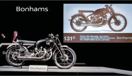  ??  ?? Right: The most expensive motorcycle ever sold. In 2018 Bonhams auctioned this Australian land speed record-breaking 1951 Vincent Black Lightning for £682,443 in Las Vegas